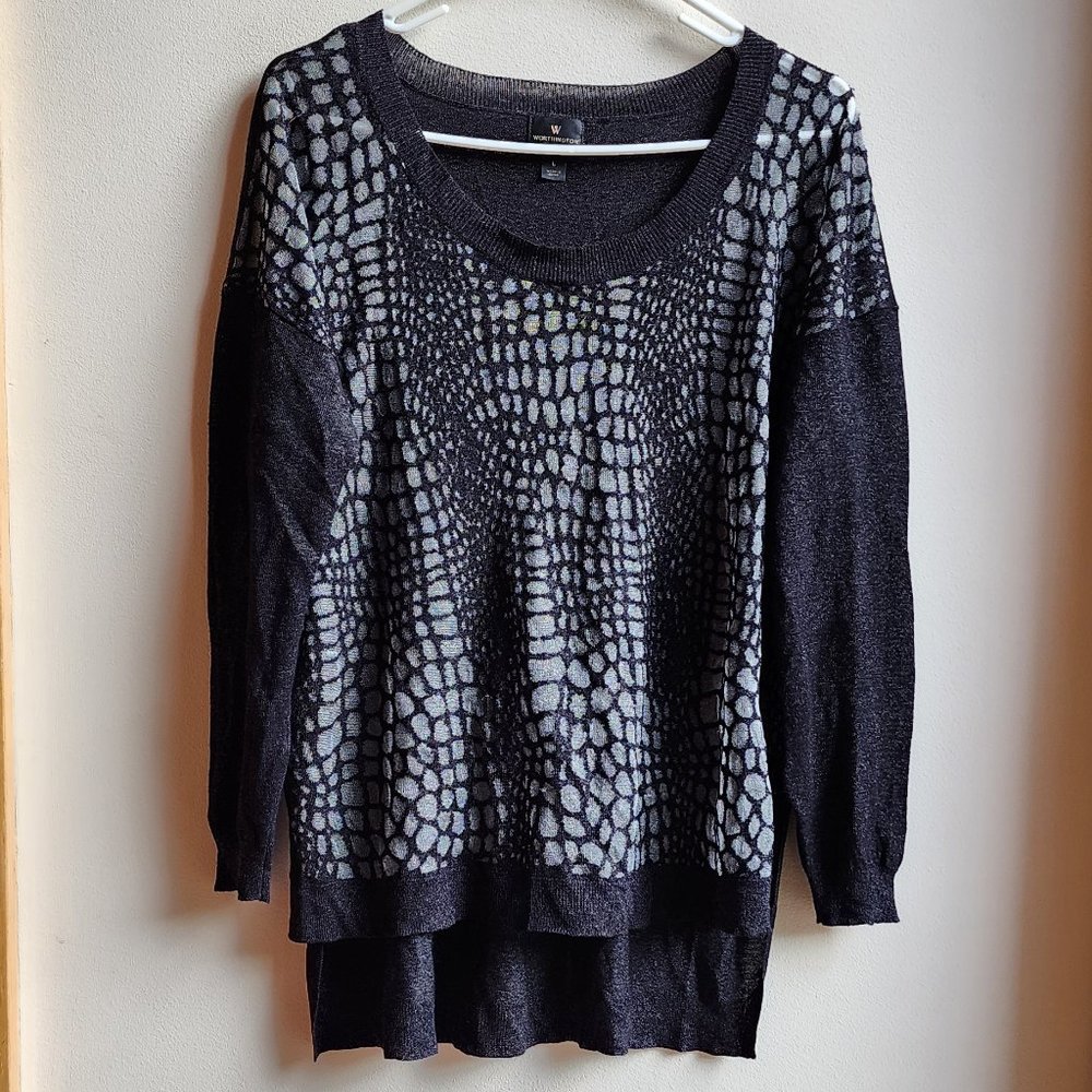 Worthington Black/Silver Reptile Skin Patterned Scoop Neck Sweater Size Large